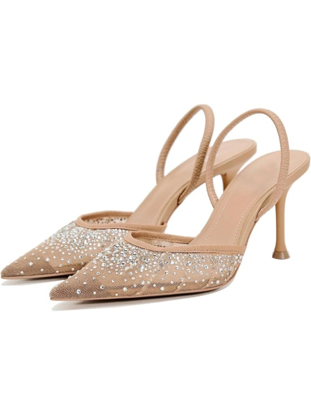 Elegant Pearl Kitten Heels - Pointed Toe Mesh Rhinestone Stiletto Sandals for
